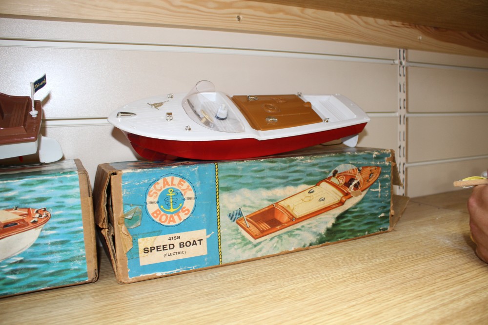 Six Scalex plastic model boats, comprising: Swift II racing yacht, complete with figure and instructions, 414 Derwent electric cabin